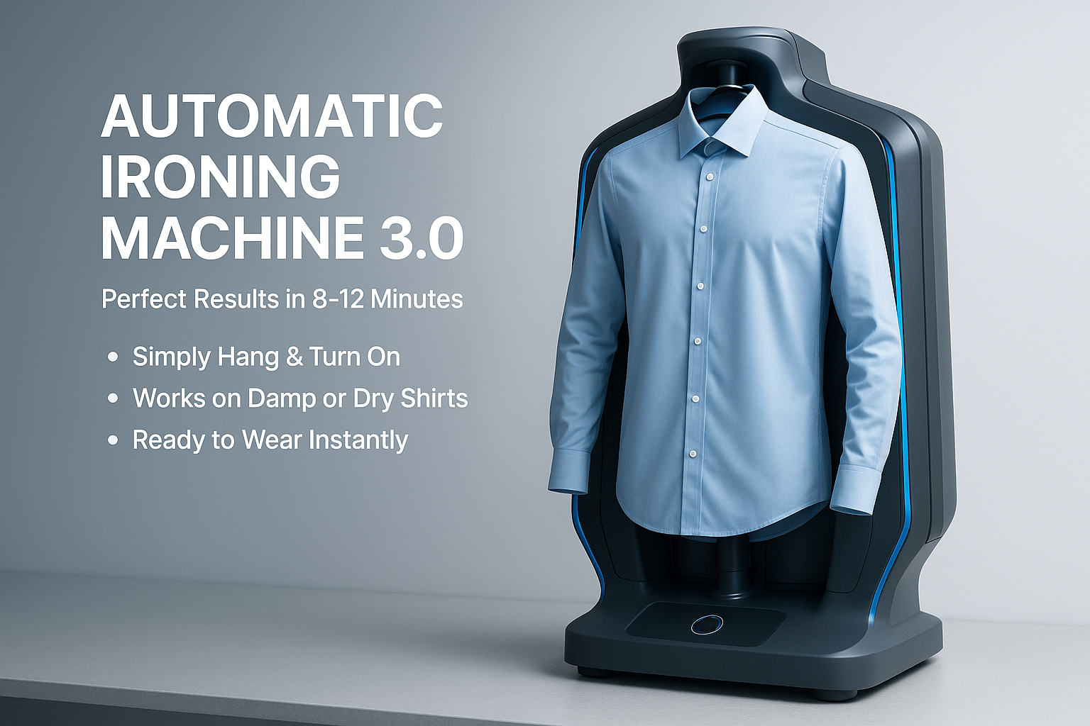 GIVE ME LANDING FOR PRODUCTS Automatic Ironing Machine 3.0 AND With the Automatic Ironing Machine 3.0, simply hang up your freshly washed or damp shirt, turn on the machine, and in just 8–12 minutes, it’s perfectly ironed, dry, and ready to wear.