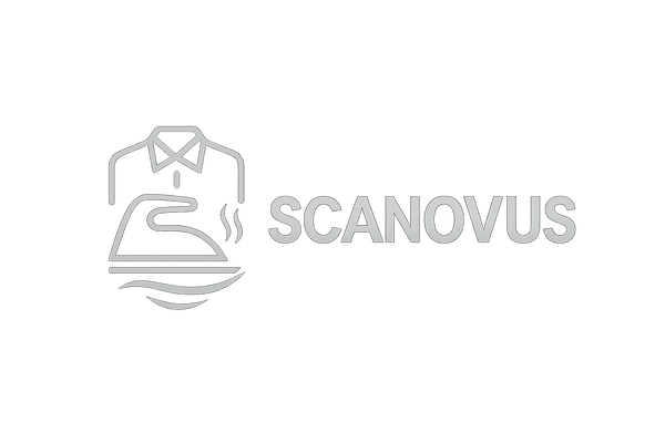 With the Automatic Ironing Machine 3.0, simply hang up your freshly washed or damp shirt, turn on the machine, and in just 8–12 minutes, it’s perfectly ironed, dry, and ready to wear. give me logo  name of store scanovus
